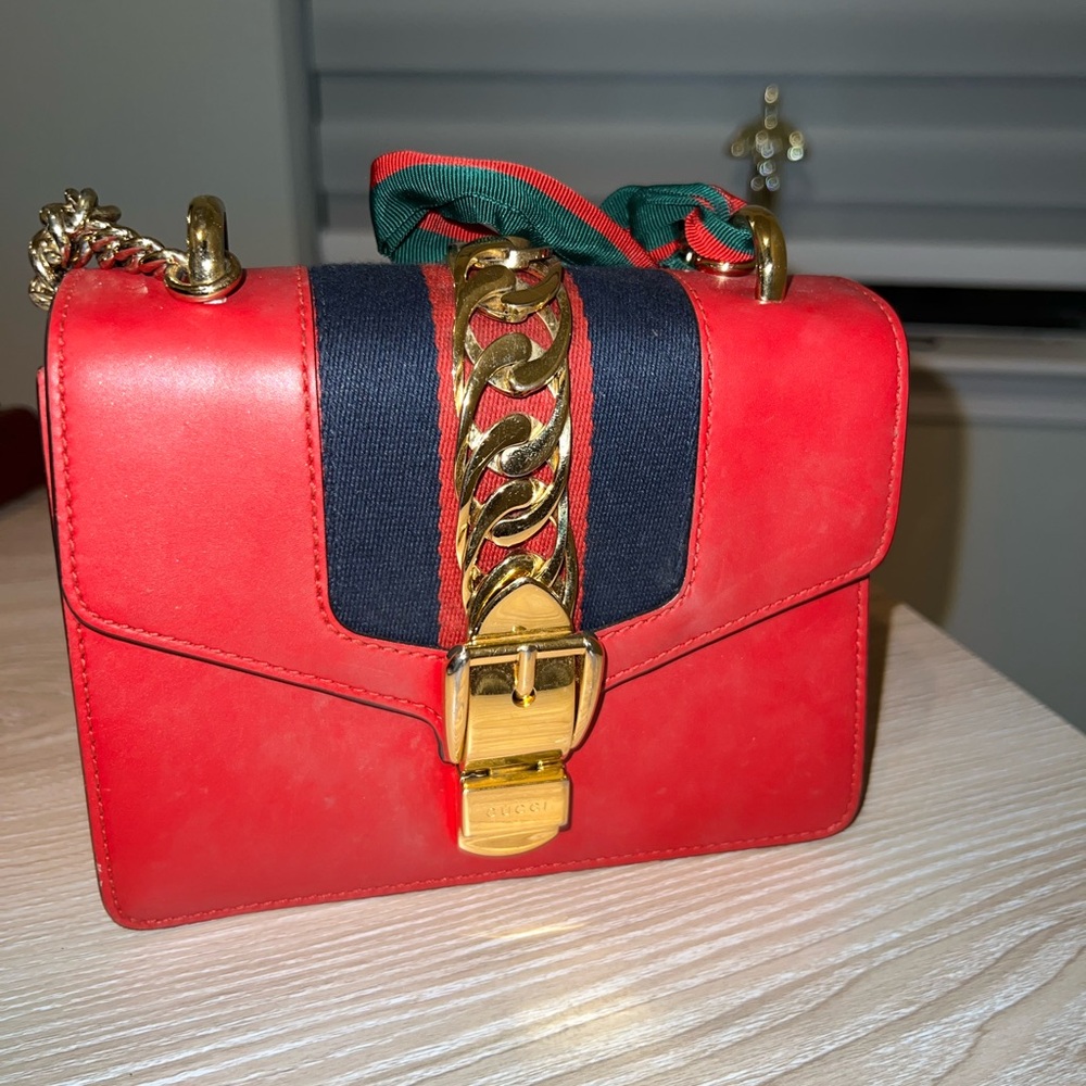 Red and Gold Crossbody Bag with Chain Strap